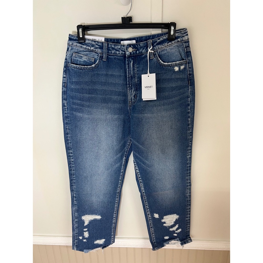 Vervet Blue Beverley Super High Rise Straight Leg Distressed Jeans 31 VT1164